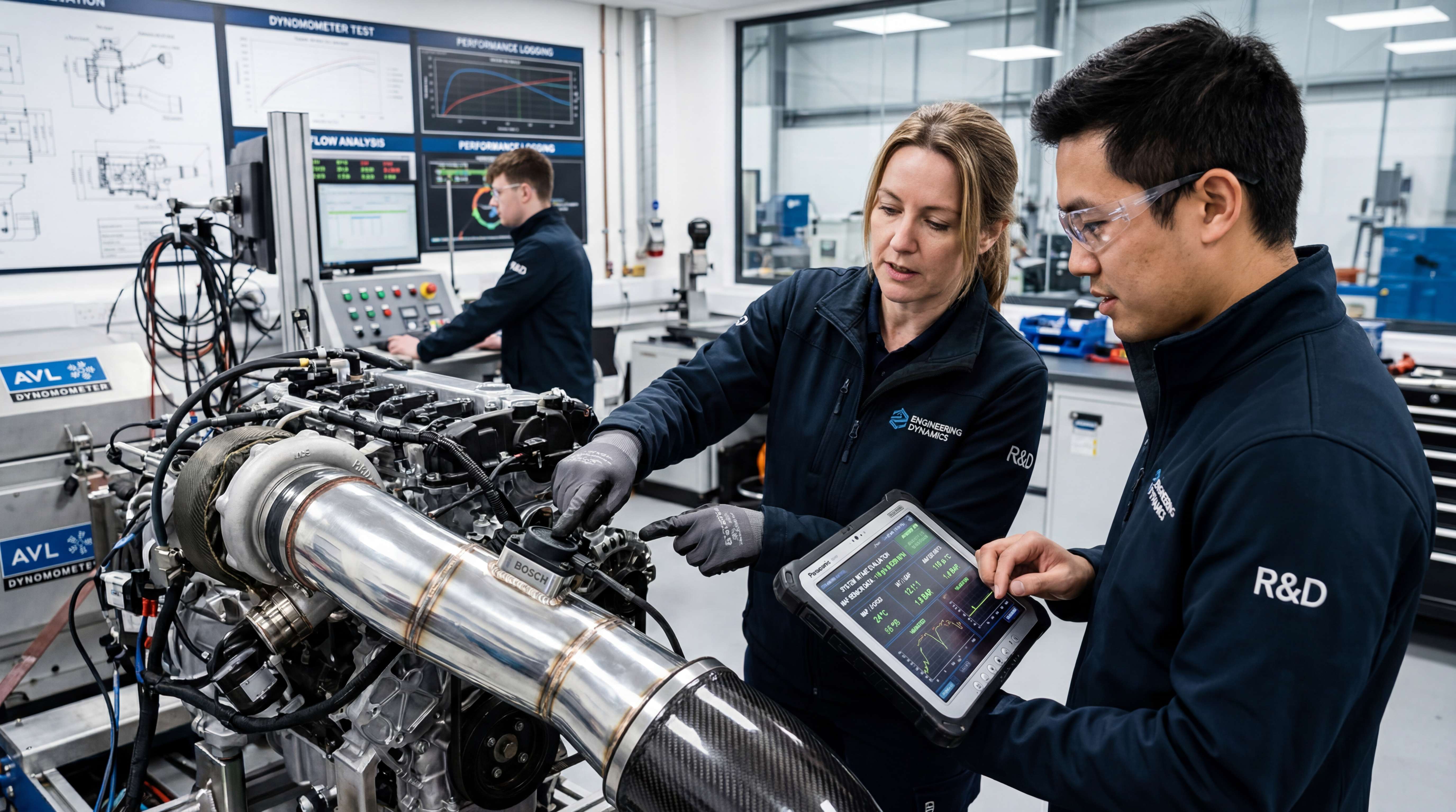 Engineers testing a MAF sensor intake system on a dynamometer with diagnostic data for airflow calibration and performance validation